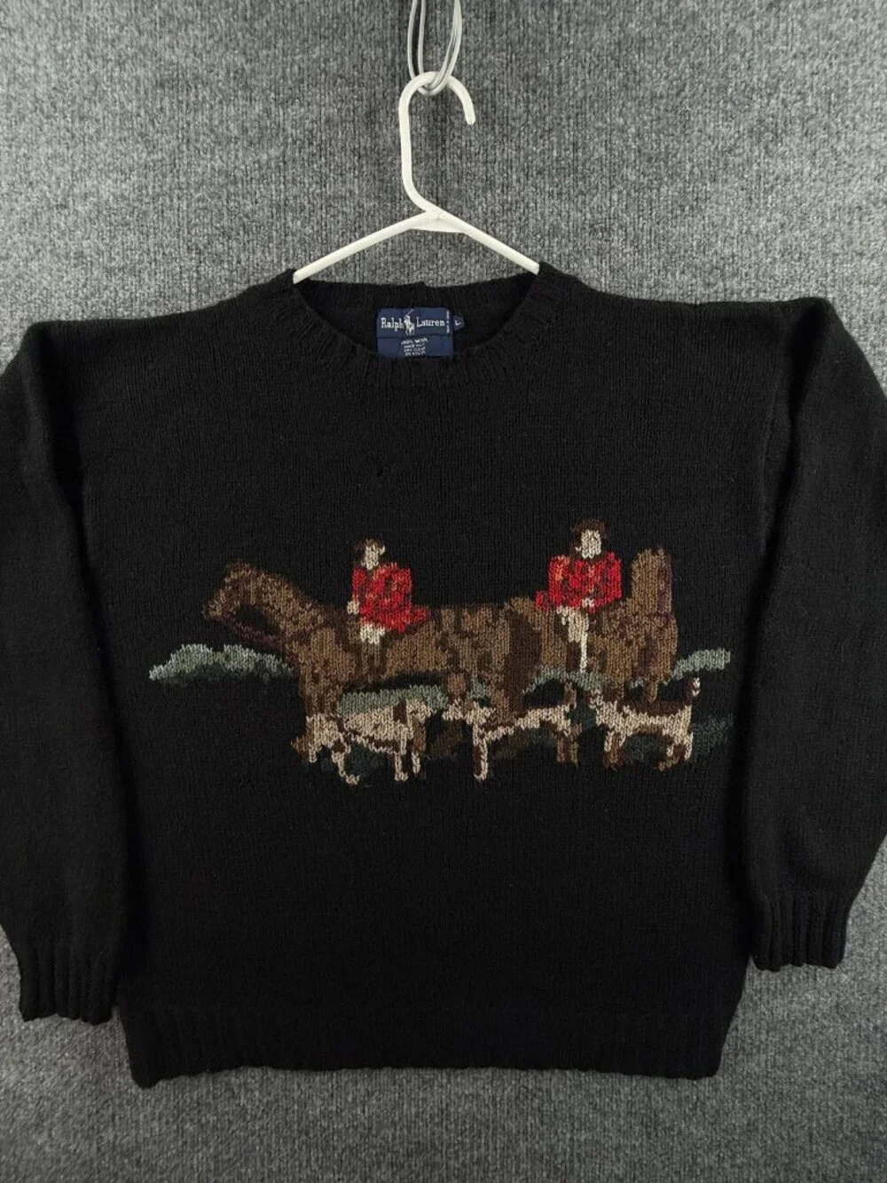 VTG Ralph Lauren Equestrian Fox Hunt Large Sweater Graphic Black Wool Hand Knit